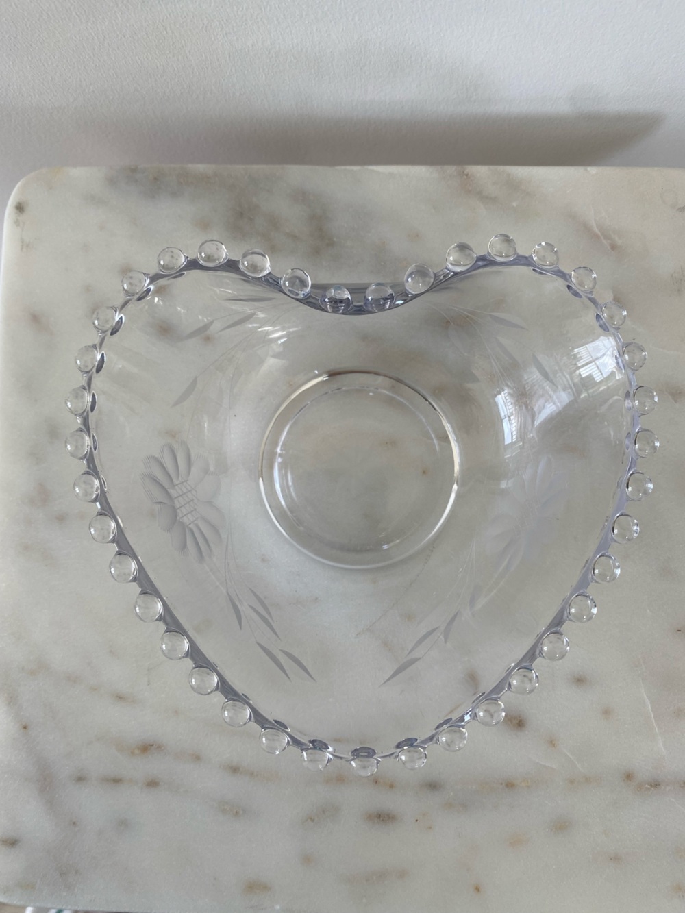 Clear Heart-Shaped Glass Bowl with Beaded Rim